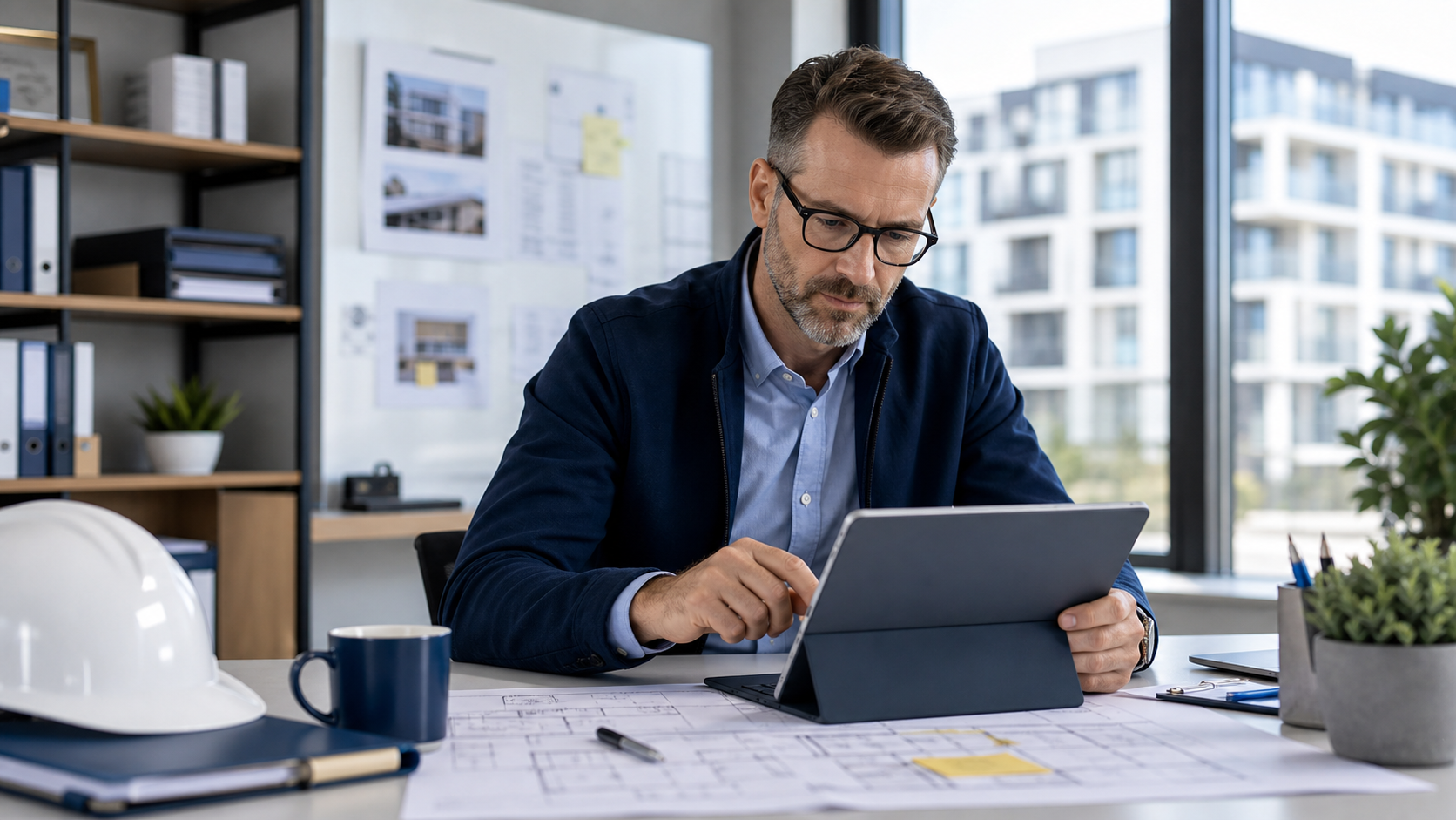 Gerant technique immobilier examinant des plans