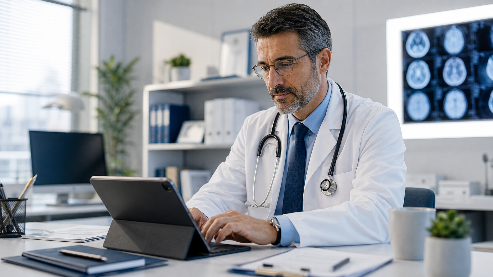 Medecin travaillant sur une documentation professionnelle